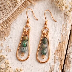 Copper and Green Stone Dangle Earrings